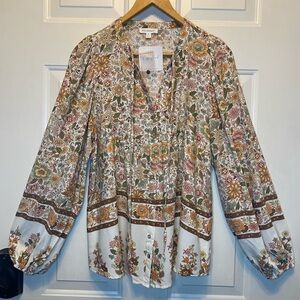 Blu Pepper Sz S Floral Bohemian Burton Blouse - Cream & Brown Balloon Sleeves
